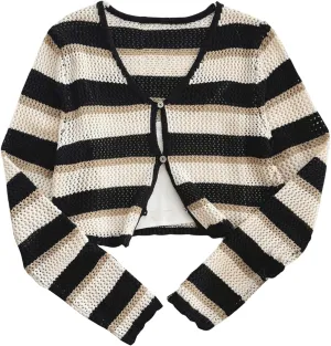MakeMeChic Women's Striped Colorblock Crew Neck Button Down Sweater Cardigan Long Sleeve Crop Lightweight Outerwear