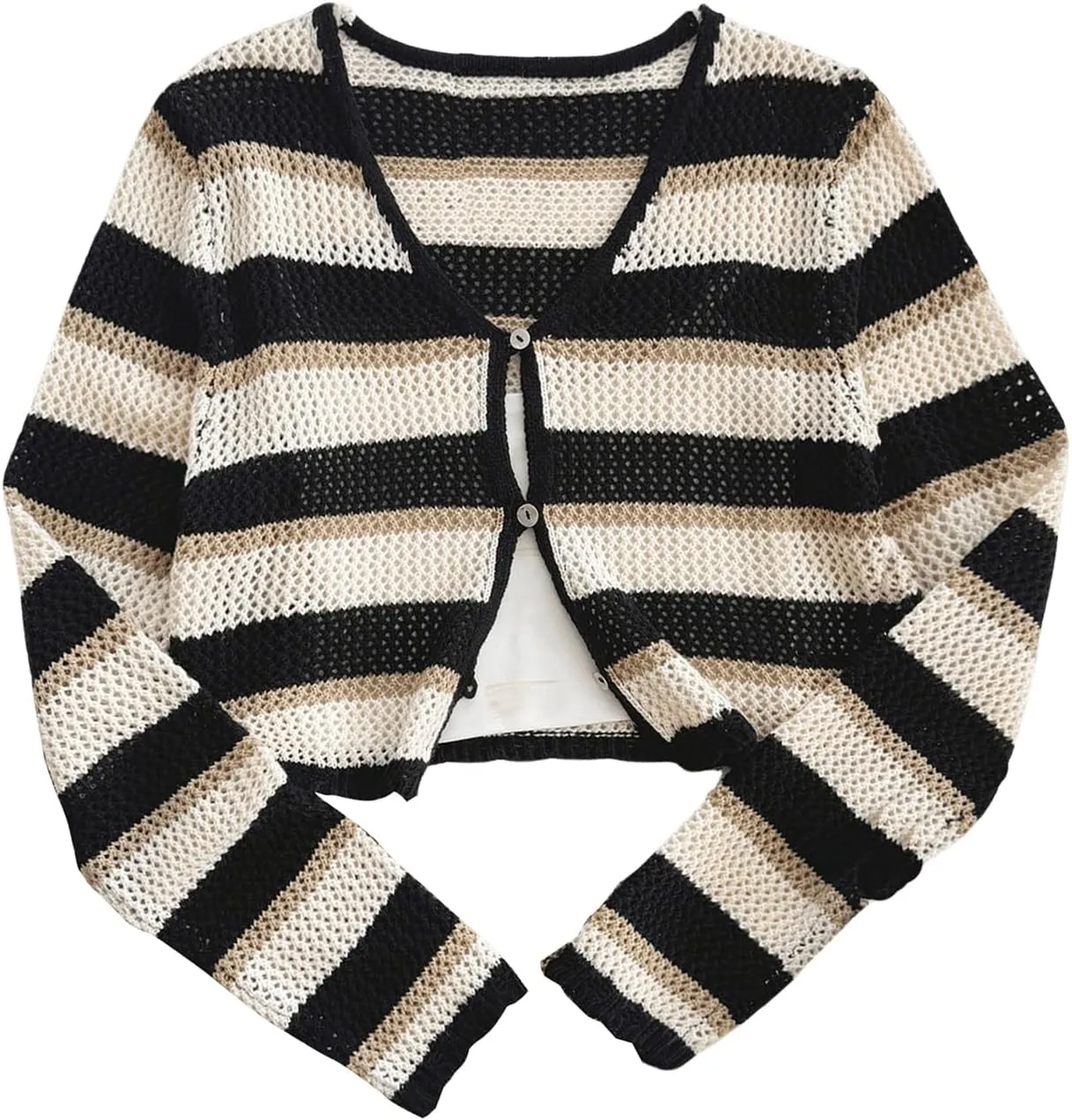 MakeMeChic Women's Striped Colorblock Crew Neck Button Down Sweater Cardigan Long Sleeve Crop Lightweight Outerwear
