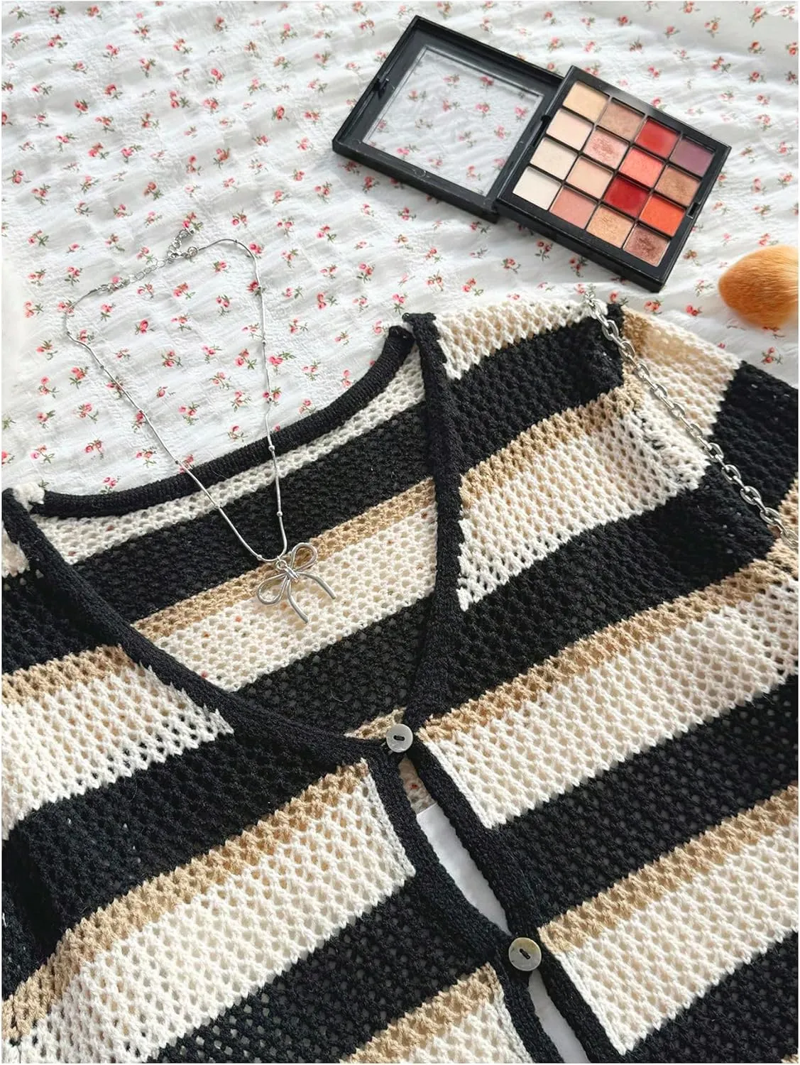 MakeMeChic Women's Striped Colorblock Crew Neck Button Down Sweater Cardigan Long Sleeve Crop Lightweight Outerwear