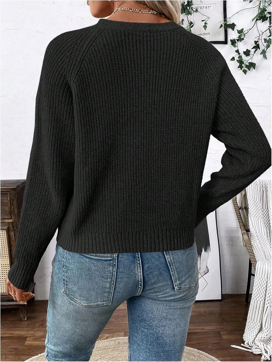 MakeMeChic Women's V Neck Button Down Long Sleeve Cardigan Sweater Drop Shoulder Ribbed Knit Outerwear