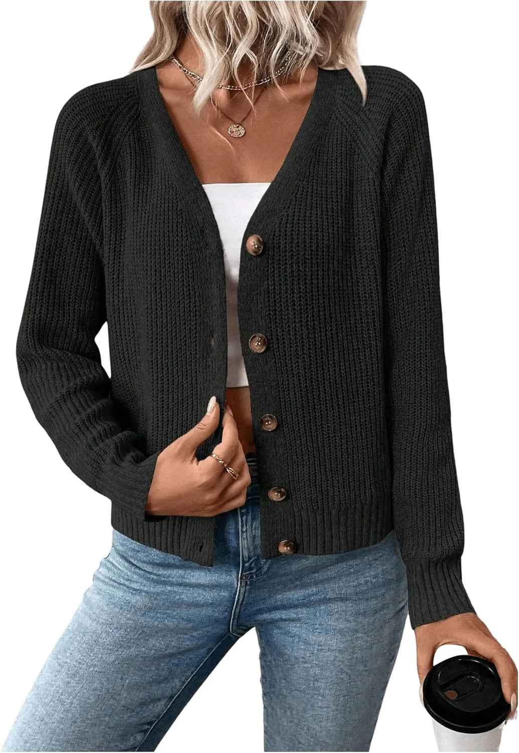 MakeMeChic Women's V Neck Button Down Long Sleeve Cardigan Sweater Drop Shoulder Ribbed Knit Outerwear
