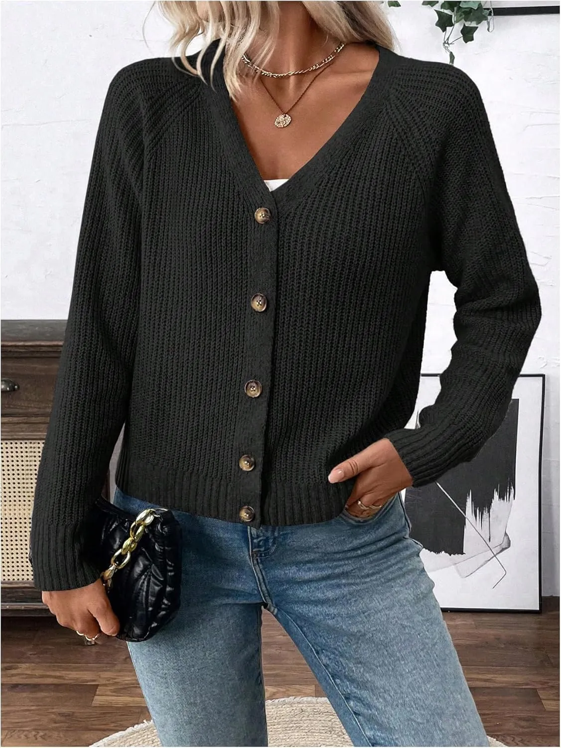 MakeMeChic Women's V Neck Button Down Long Sleeve Cardigan Sweater Drop Shoulder Ribbed Knit Outerwear