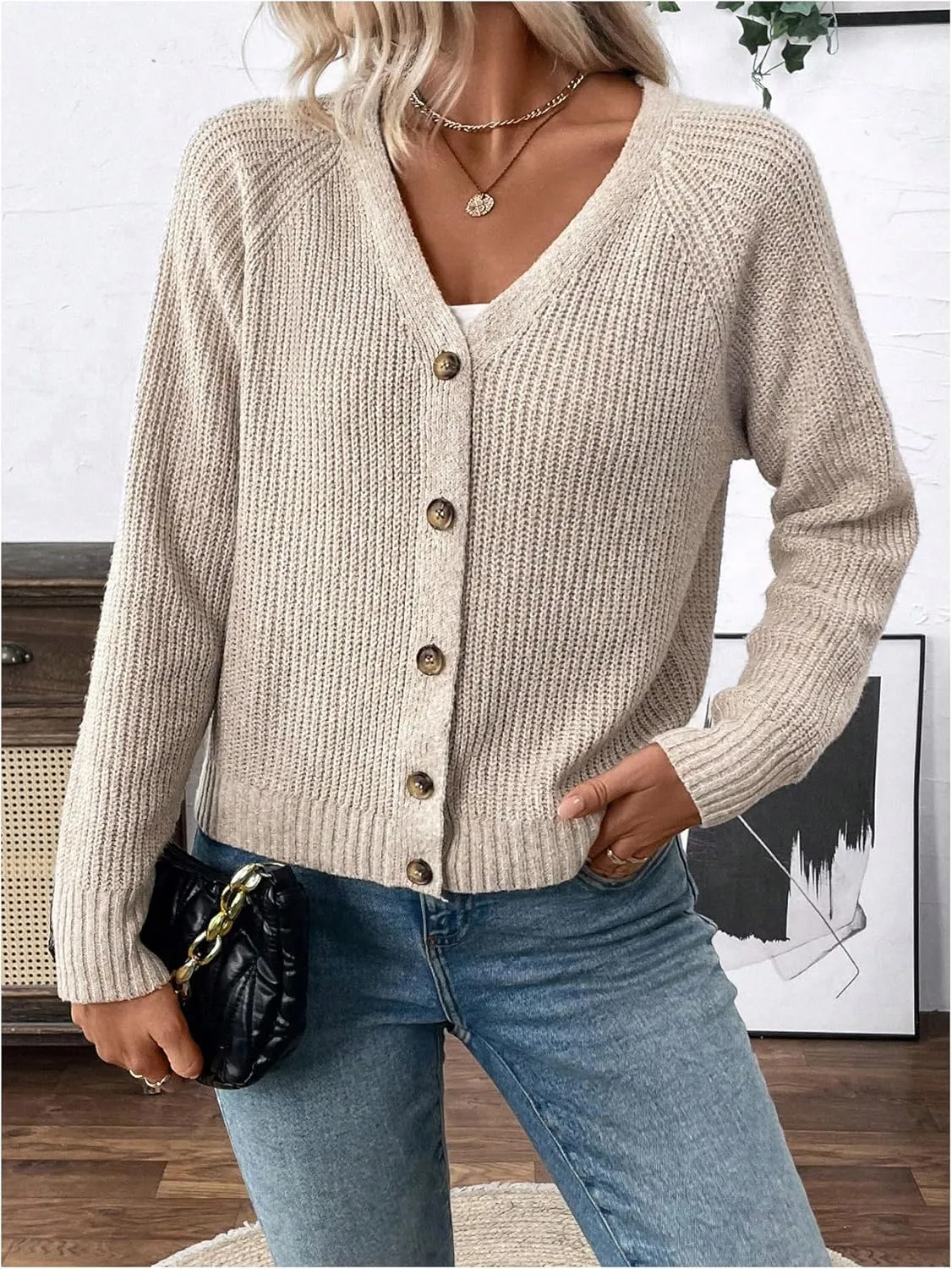 MakeMeChic Women's V Neck Button Down Long Sleeve Cardigan Sweater Drop Shoulder Ribbed Knit Outerwear