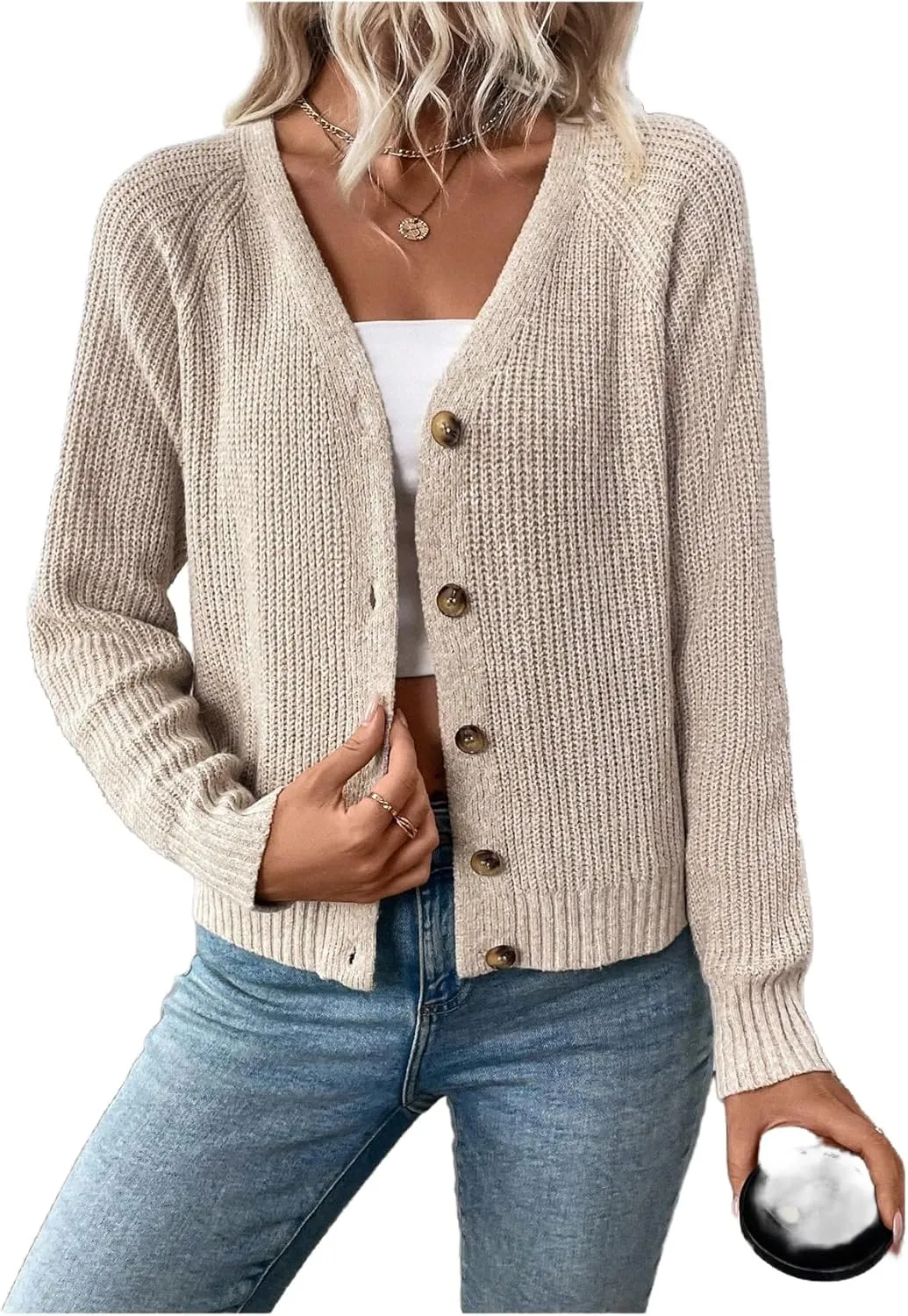MakeMeChic Women's V Neck Button Down Long Sleeve Cardigan Sweater Drop Shoulder Ribbed Knit Outerwear