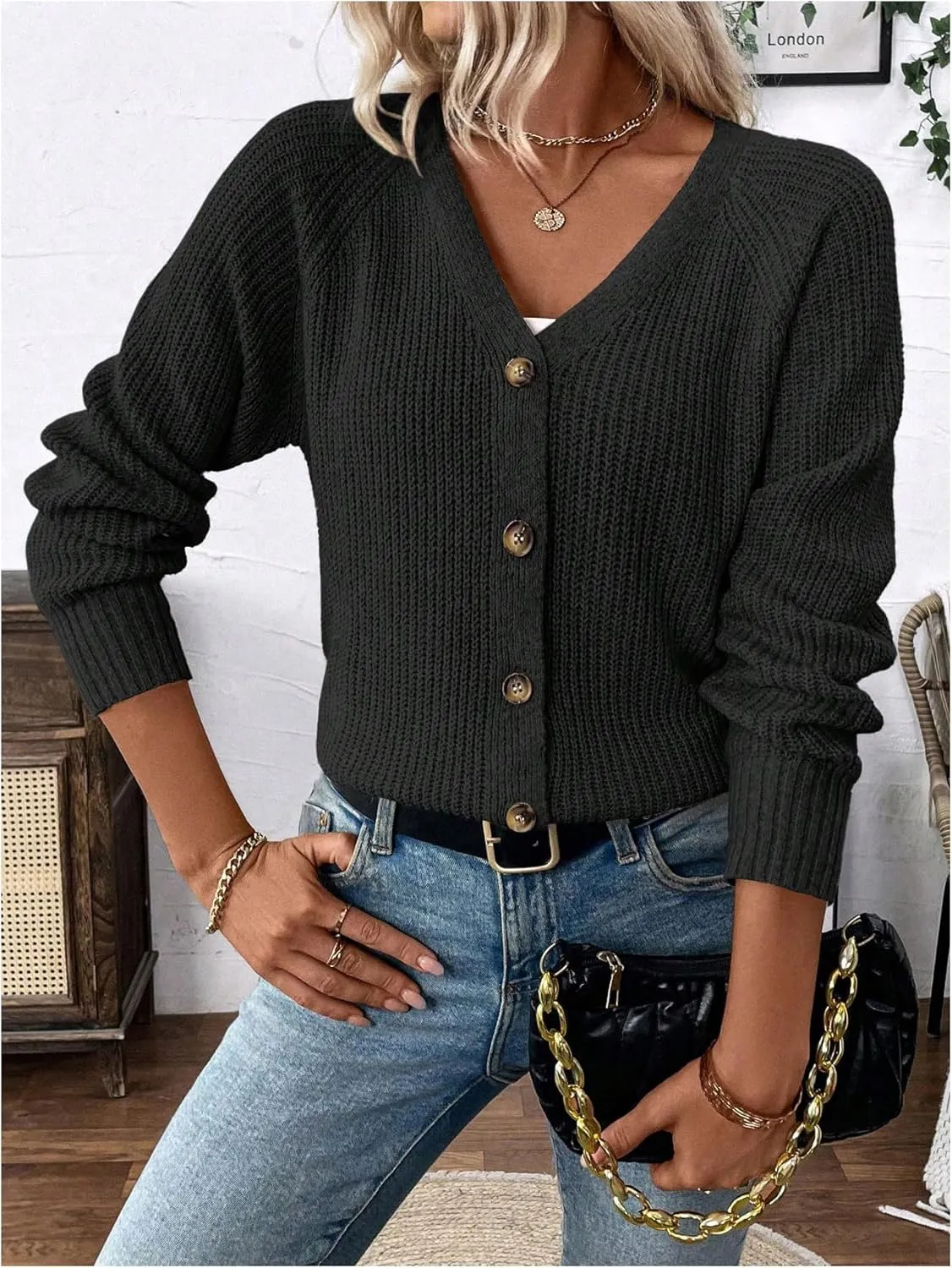 MakeMeChic Women's V Neck Button Down Long Sleeve Cardigan Sweater Drop Shoulder Ribbed Knit Outerwear