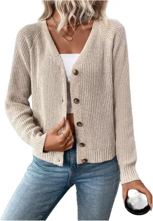 MakeMeChic Women's V Neck Button Down Long Sleeve Cardigan Sweater Drop Shoulder Ribbed Knit Outerwear
