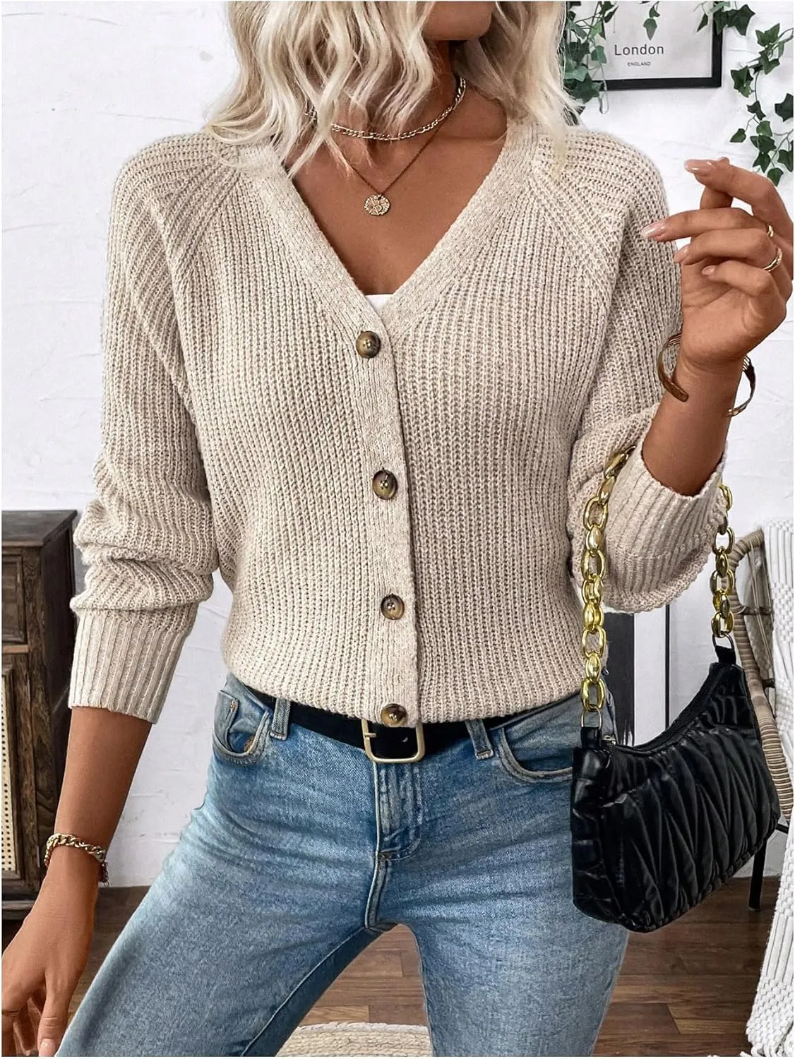 MakeMeChic Women's V Neck Button Down Long Sleeve Cardigan Sweater Drop Shoulder Ribbed Knit Outerwear