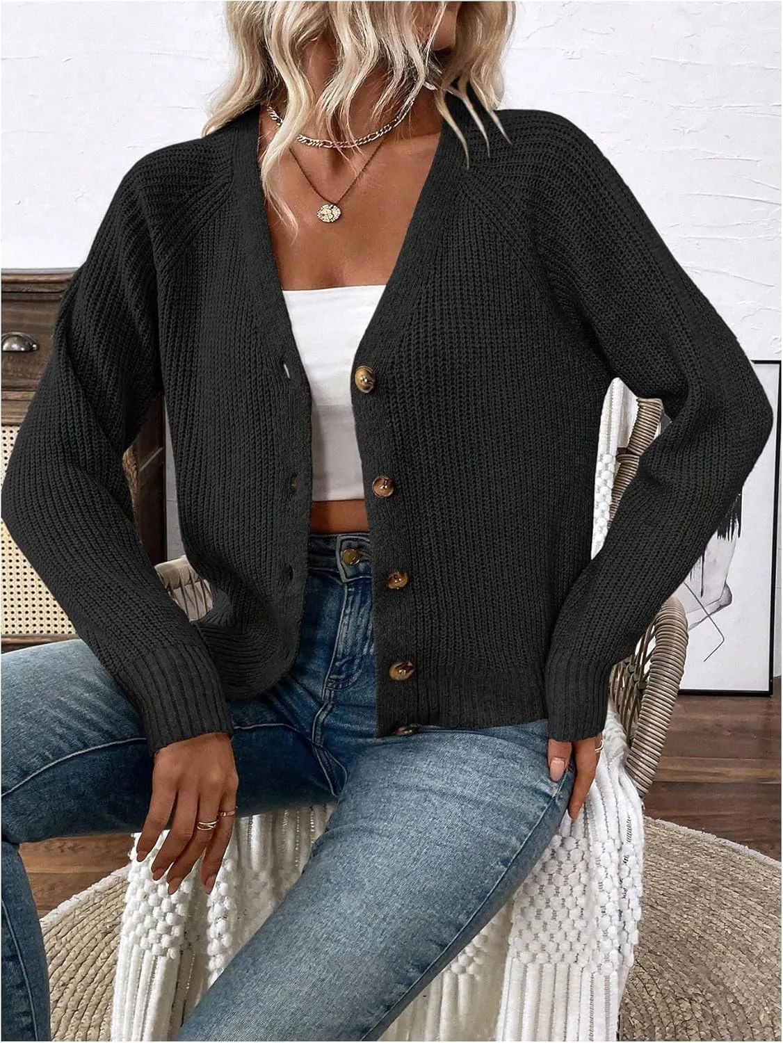 MakeMeChic Women's V Neck Button Down Long Sleeve Cardigan Sweater Drop Shoulder Ribbed Knit Outerwear