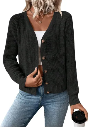 MakeMeChic Women's V Neck Button Down Long Sleeve Cardigan Sweater Drop Shoulder Ribbed Knit Outerwear
