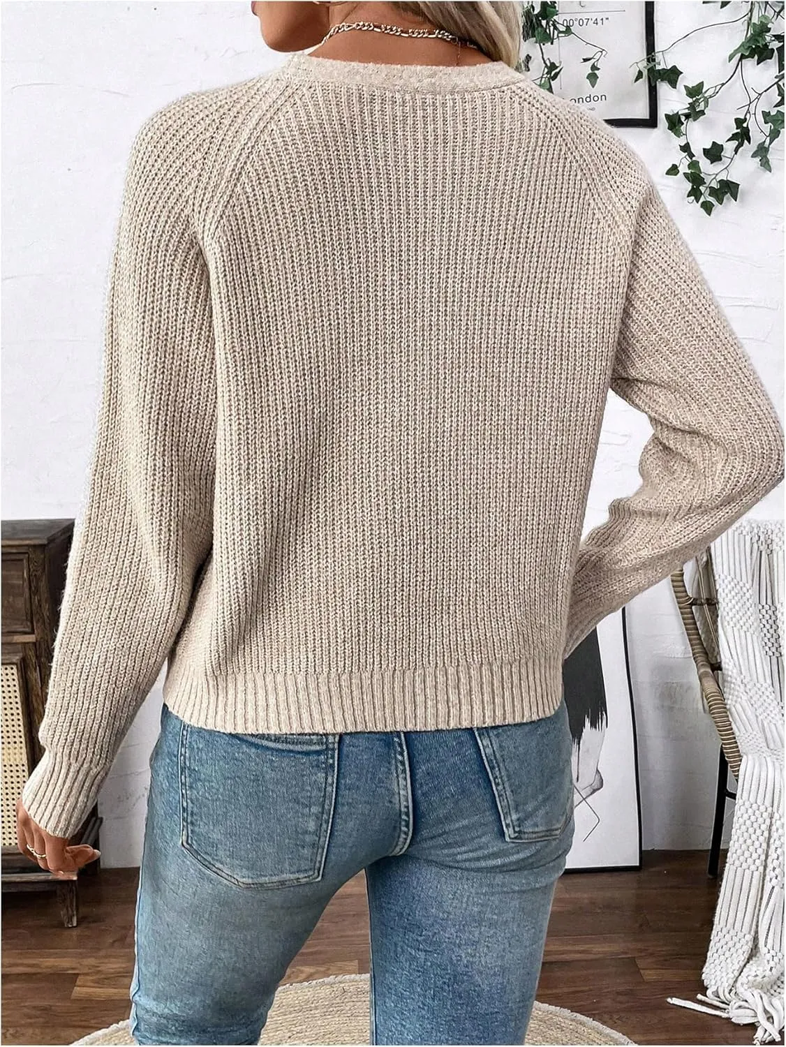 MakeMeChic Women's V Neck Button Down Long Sleeve Cardigan Sweater Drop Shoulder Ribbed Knit Outerwear