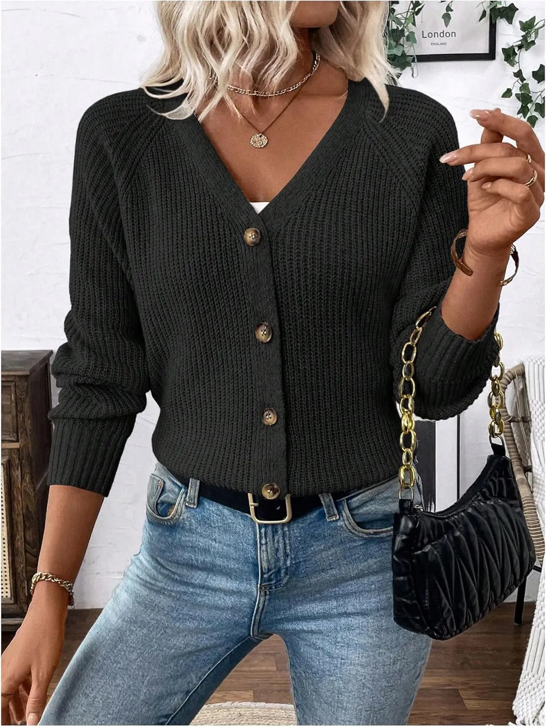 MakeMeChic Women's V Neck Button Down Long Sleeve Cardigan Sweater Drop Shoulder Ribbed Knit Outerwear