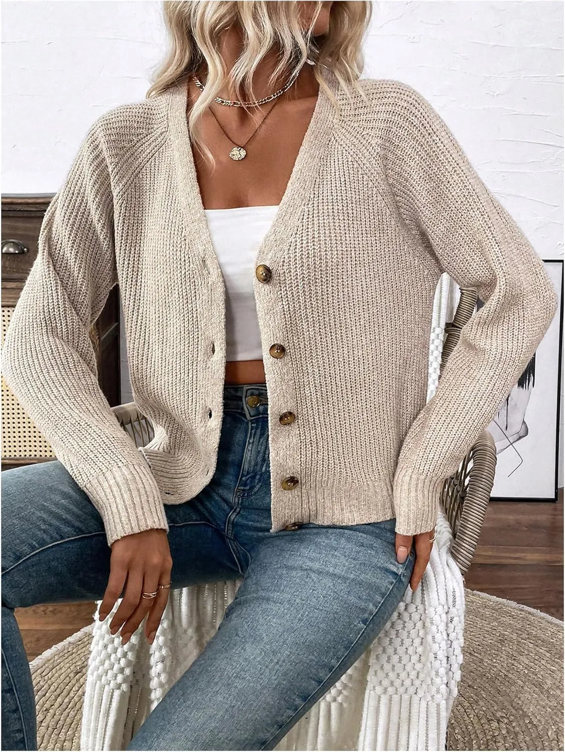 MakeMeChic Women's V Neck Button Down Long Sleeve Cardigan Sweater Drop Shoulder Ribbed Knit Outerwear