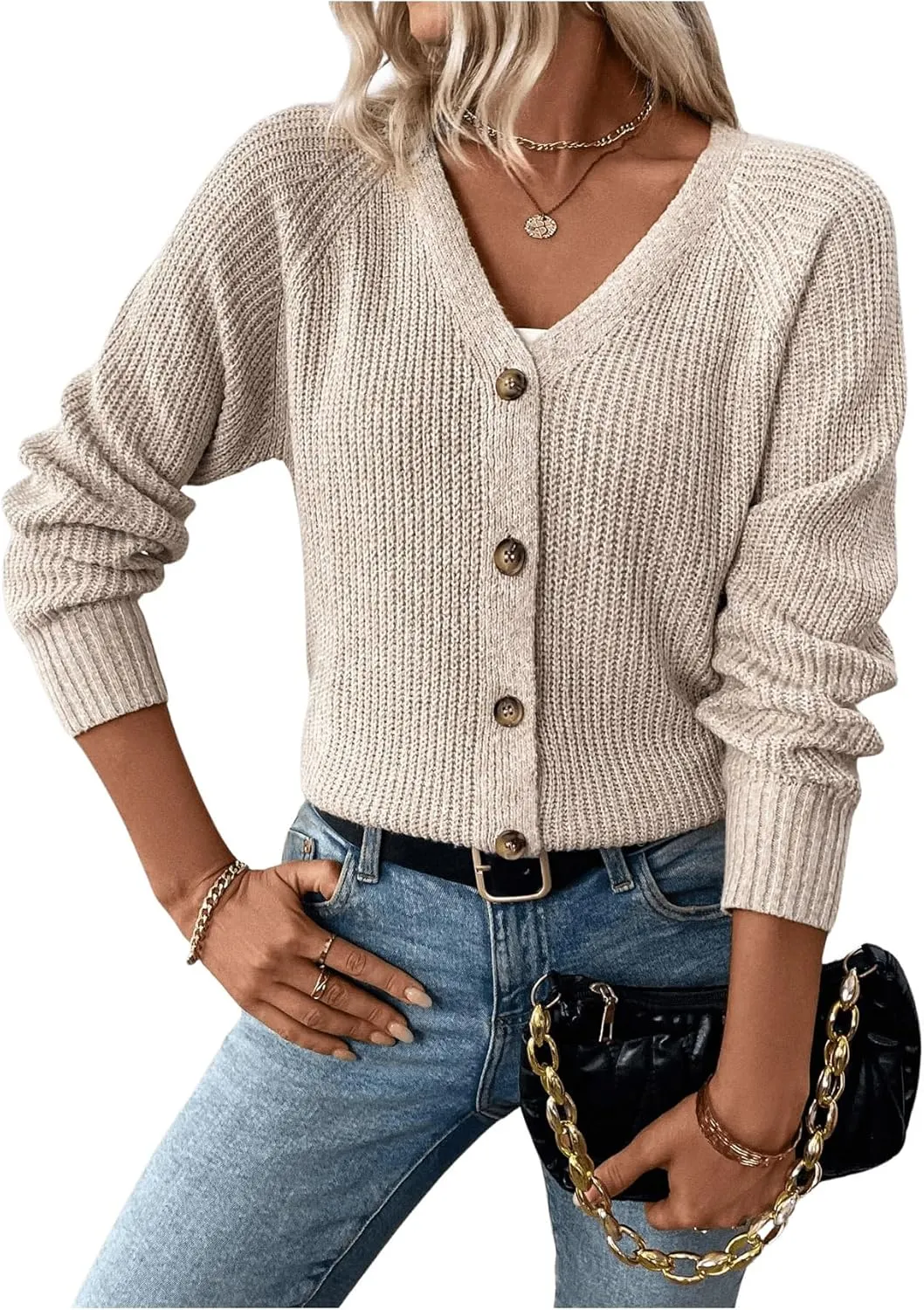 MakeMeChic Women's V Neck Button Down Long Sleeve Cardigan Sweater Drop Shoulder Ribbed Knit Outerwear
