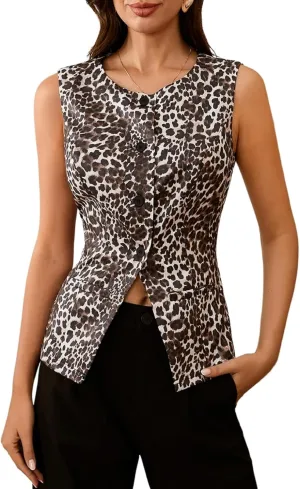 MakeMeChic Women's Vest Top Sleeveless Blazer Split Hem Button Down Dressy Suit Vest Outerwear Waistcoat