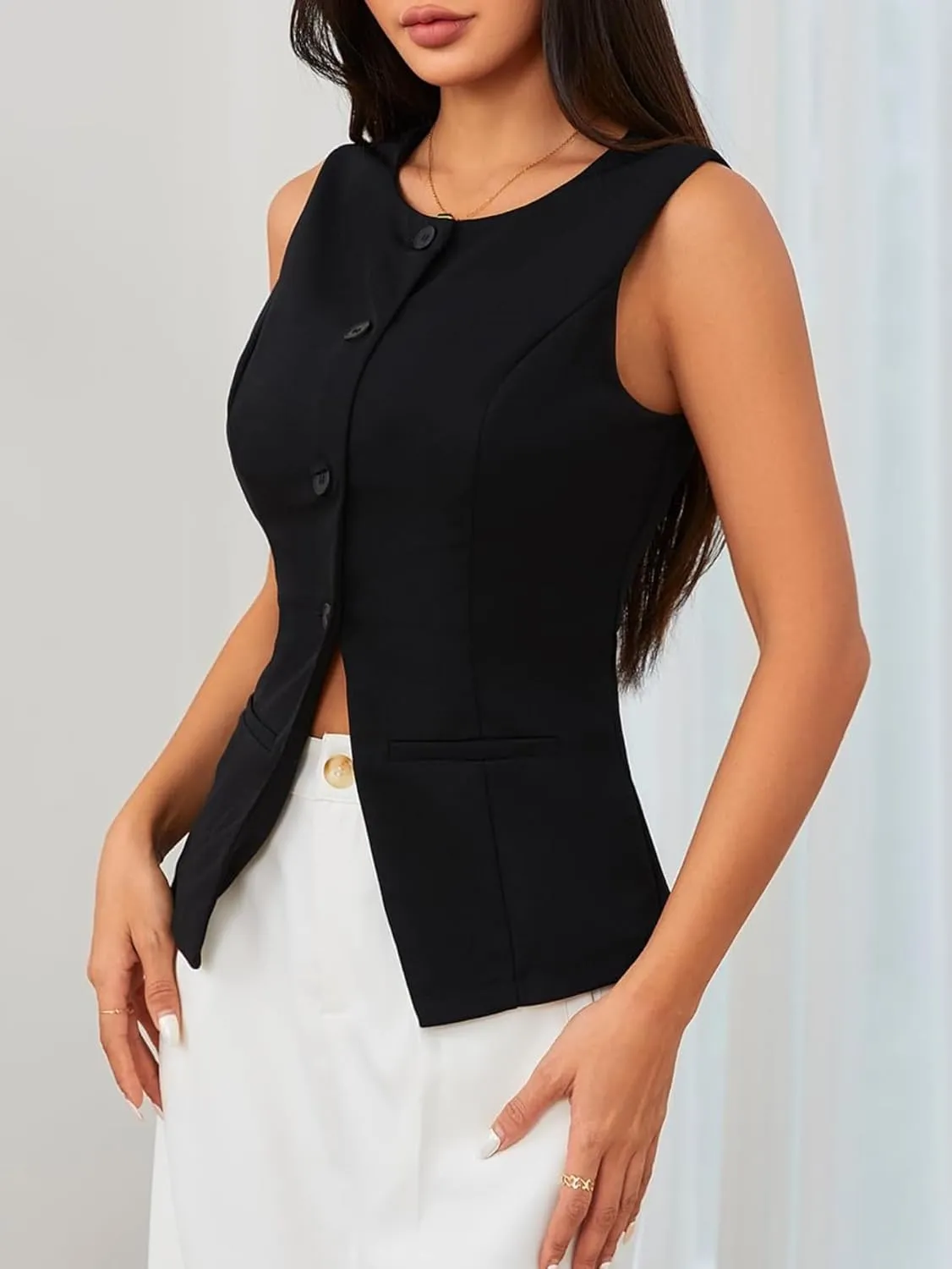 MakeMeChic Women's Vest Top Sleeveless Blazer Split Hem Button Down Dressy Suit Vest Outerwear Waistcoat