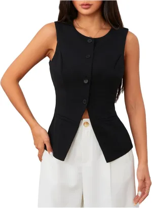 MakeMeChic Women's Vest Top Sleeveless Blazer Split Hem Button Down Dressy Suit Vest Outerwear Waistcoat