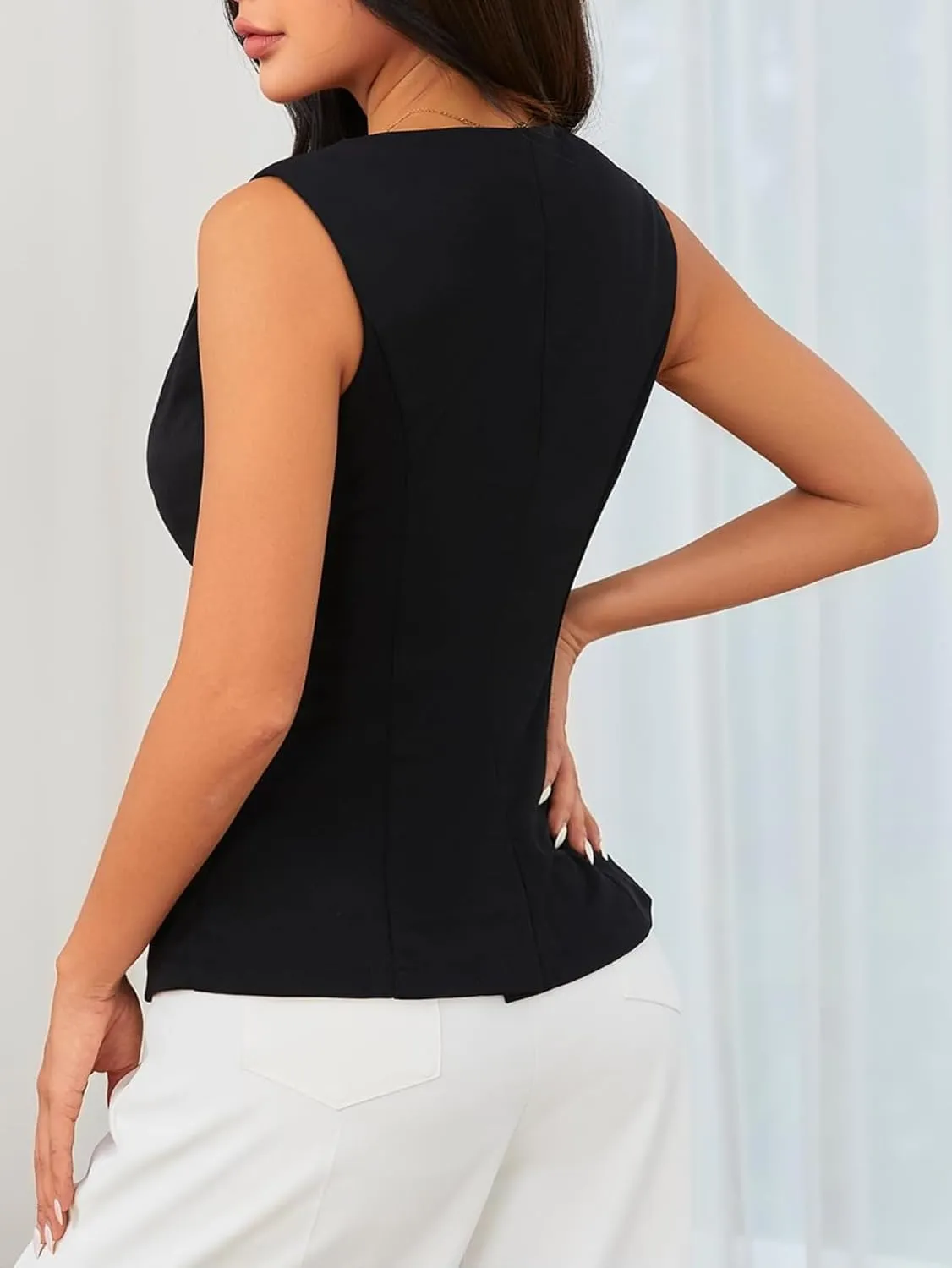 MakeMeChic Women's Vest Top Sleeveless Blazer Split Hem Button Down Dressy Suit Vest Outerwear Waistcoat