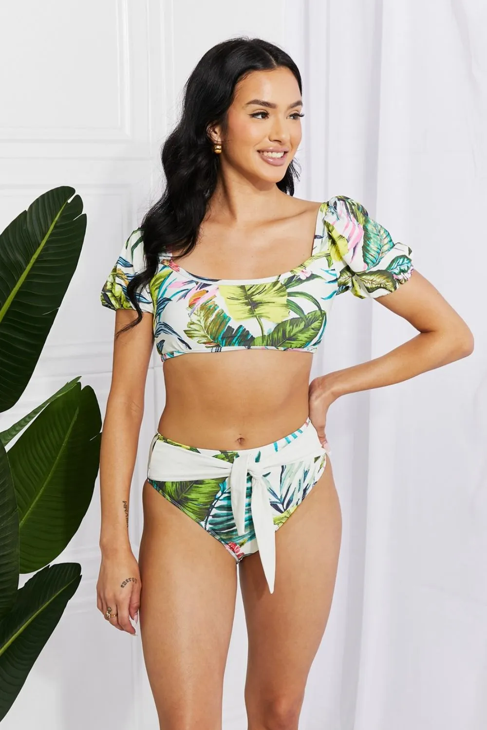 Marina West Swim Vacay Ready Puff Sleeve Bikini in Floral - Ships from The US