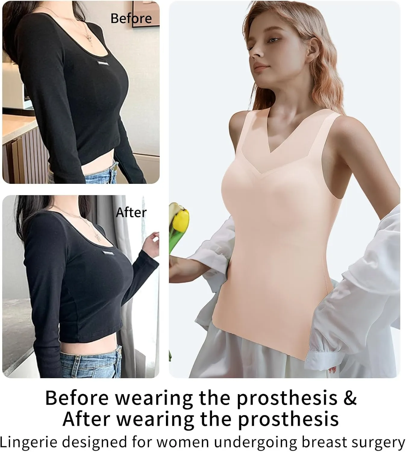 Mastectomy Camisoles with Prosthesis Breast, Comfort Women Post Sugical Tank Top, Prosthetic Breast Camisole