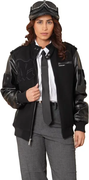 Members Only Oversized Wool Varsity Jacket Women Leather Sleeve | Letterman Jacket Women - Black