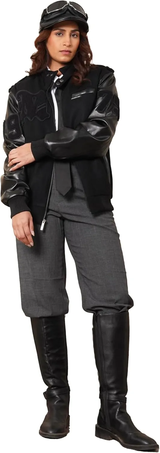 Members Only Oversized Wool Varsity Jacket Women Leather Sleeve | Letterman Jacket Women - Black