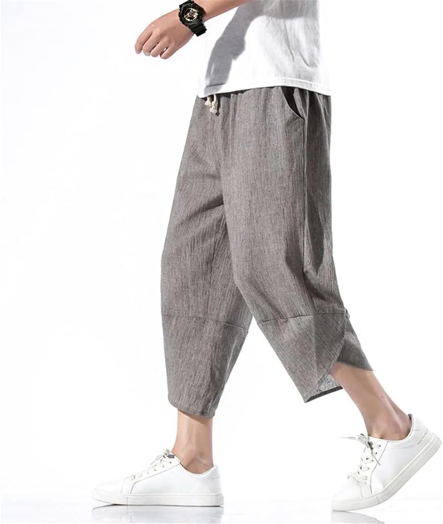 Men Hanfu Japanese Harajuku Wide-Leg Linen Pants Cotton Linen Cropped Trousers Plus Size 5XL Loose Summer Thin Pant