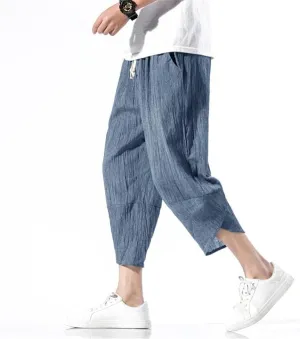 Men Hanfu Japanese Harajuku Wide-Leg Linen Pants Cotton Linen Cropped Trousers Plus Size 5XL Loose Summer Thin Pant