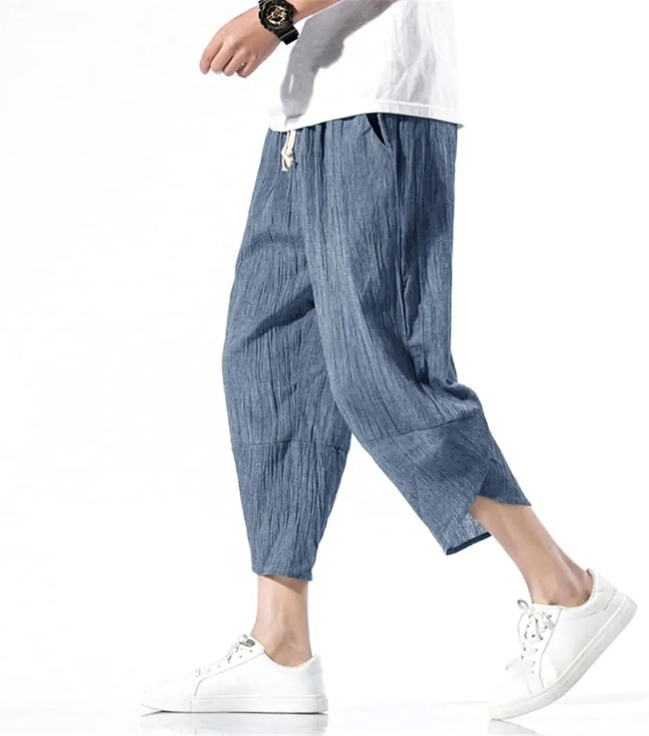 Men Hanfu Japanese Harajuku Wide-Leg Linen Pants Cotton Linen Cropped Trousers Plus Size 5XL Loose Summer Thin Pant