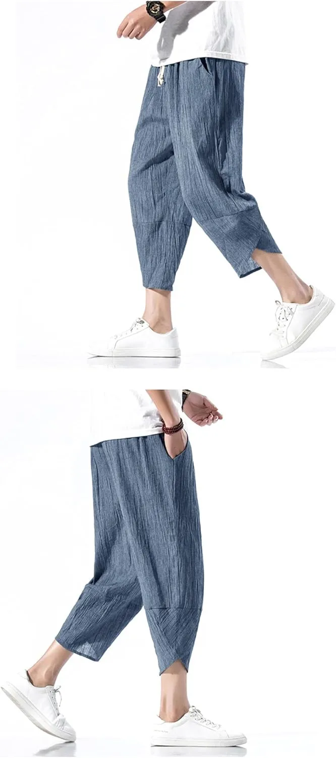 Men Hanfu Japanese Harajuku Wide-Leg Linen Pants Cotton Linen Cropped Trousers Plus Size 5XL Loose Summer Thin Pant