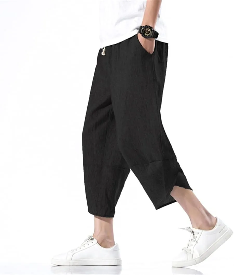 Men Hanfu Japanese Harajuku Wide-Leg Linen Pants Cotton Linen Cropped Trousers Plus Size 5XL Loose Summer Thin Pant