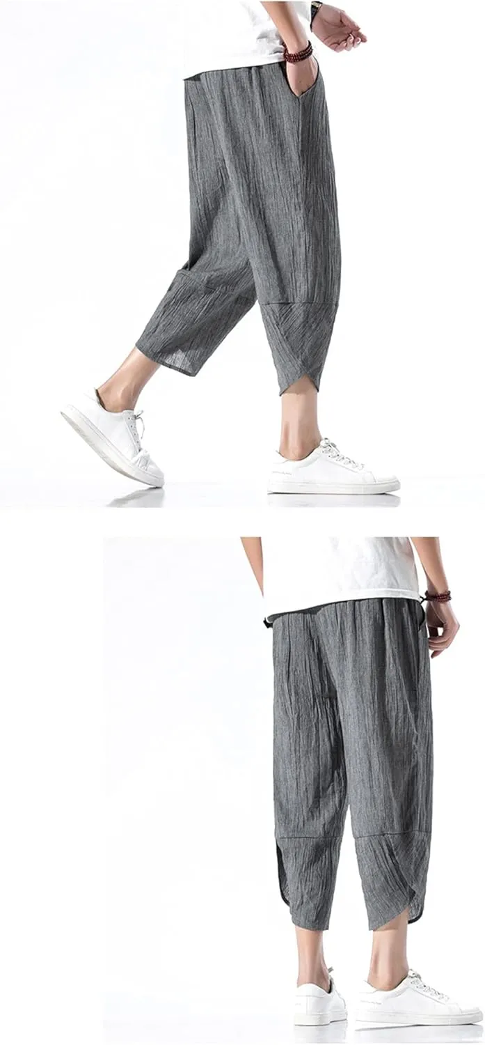Men Hanfu Japanese Harajuku Wide-Leg Linen Pants Cotton Linen Cropped Trousers Plus Size 5XL Loose Summer Thin Pant