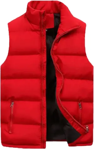 Men Puffer Vest Jacket Winter Sleeveless Outerwear Stand Collar Zipper Cotton Padded Thicken Waistcoat