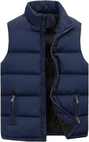 Men Puffer Vest Jacket Winter Sleeveless Outerwear Stand Collar Zipper Cotton Padded Thicken Waistcoat