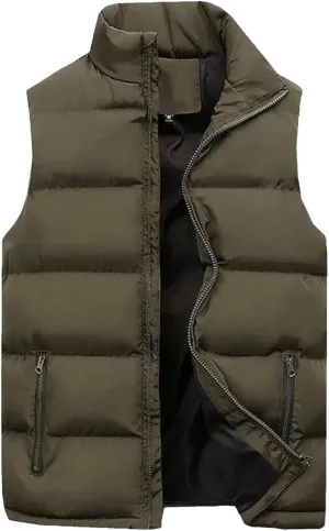 Men Puffer Vest Jacket Winter Sleeveless Outerwear Stand Collar Zipper Cotton Padded Thicken Waistcoat