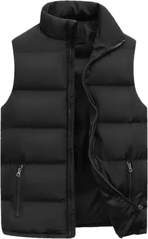 Men Puffer Vest Jacket Winter Sleeveless Outerwear Stand Collar Zipper Cotton Padded Thicken Waistcoat