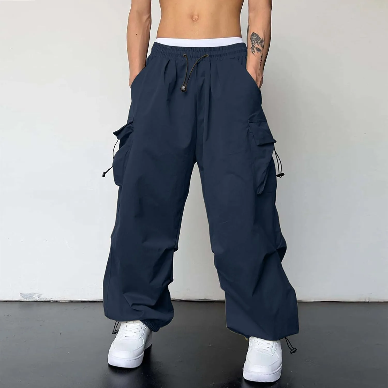 Men's Baggy Cargo Pants Casual Parachute Pants Elastic Waist Drawstring Loose Fit Outdoor Multi Pockets