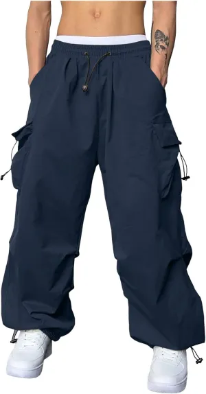 Men's Baggy Cargo Pants Casual Parachute Pants Elastic Waist Drawstring Loose Fit Outdoor Multi Pockets