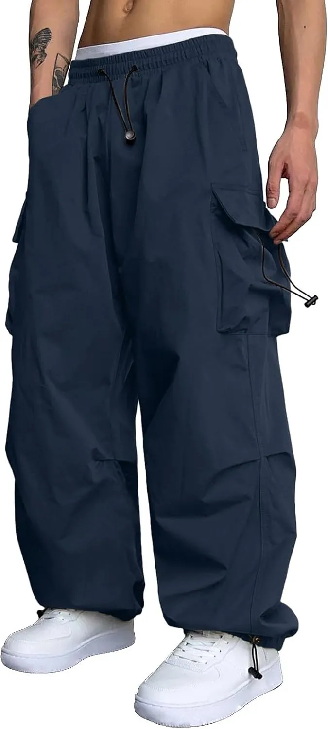 Men's Baggy Cargo Pants Casual Parachute Pants Elastic Waist Drawstring Loose Fit Outdoor Multi Pockets