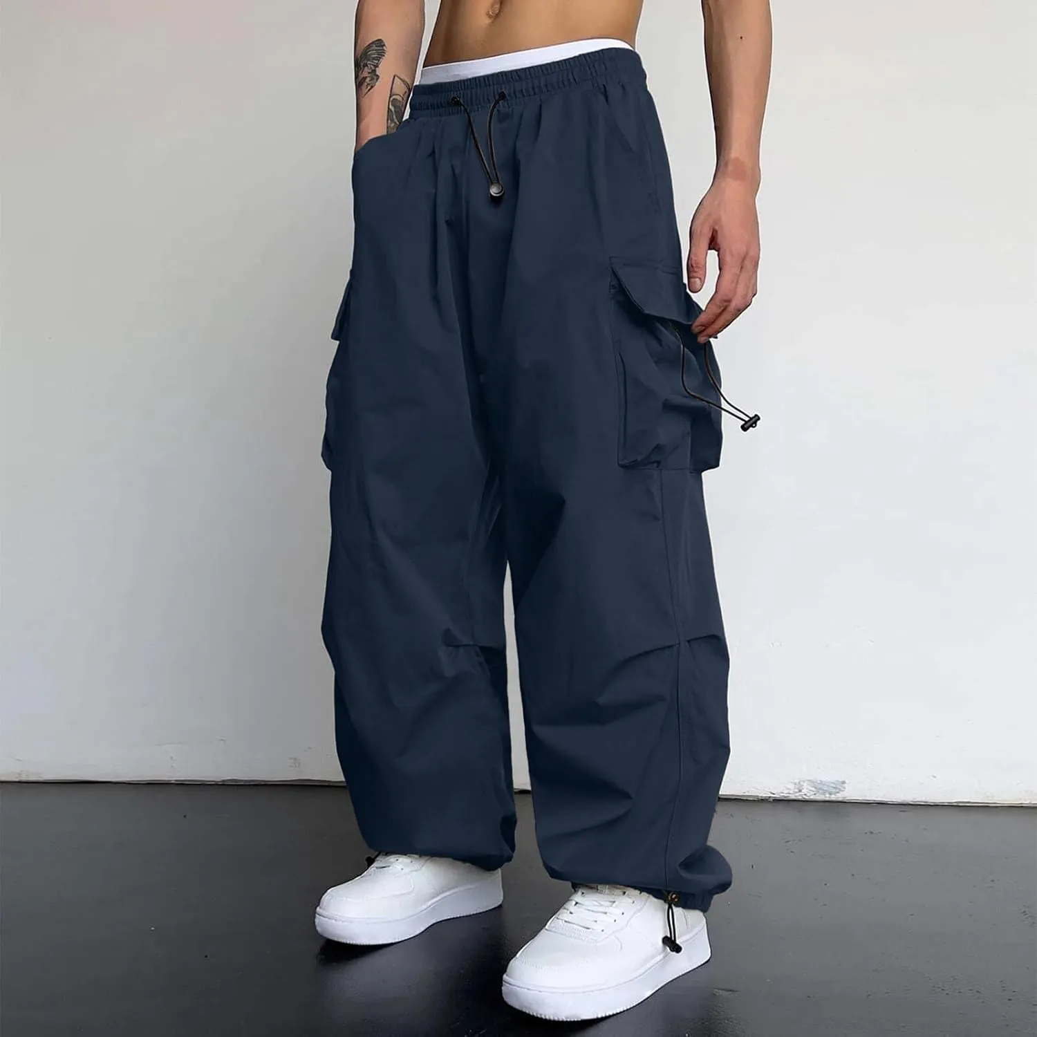 Men's Baggy Cargo Pants Casual Parachute Pants Elastic Waist Drawstring Loose Fit Outdoor Multi Pockets