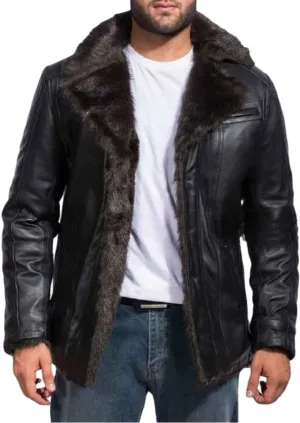 Men's Black Genuine Real Sheepskin Leather Jacket with Faux Fur Lining, Collar