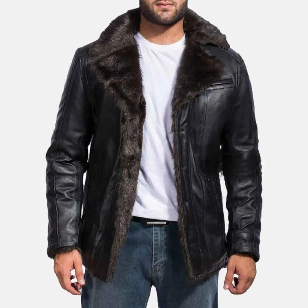 Men's Black Genuine Real Sheepskin Leather Jacket with Faux Fur Lining, Collar