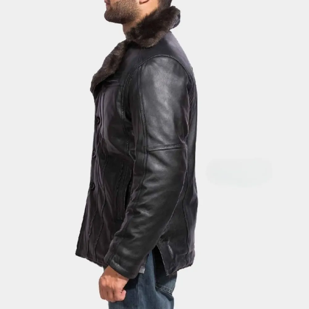 Men's Black Genuine Real Sheepskin Leather Jacket with Faux Fur Lining, Collar