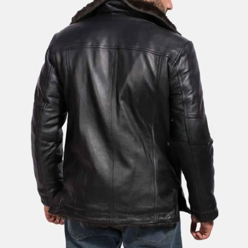 Men's Black Genuine Real Sheepskin Leather Jacket with Faux Fur Lining, Collar