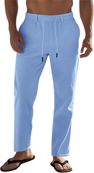 Mens Casual Pants Drawstring Elastic Waist Beach Pants Straight Leg Yoga Pants with Pockets Cropped Sweat Pant Slacks