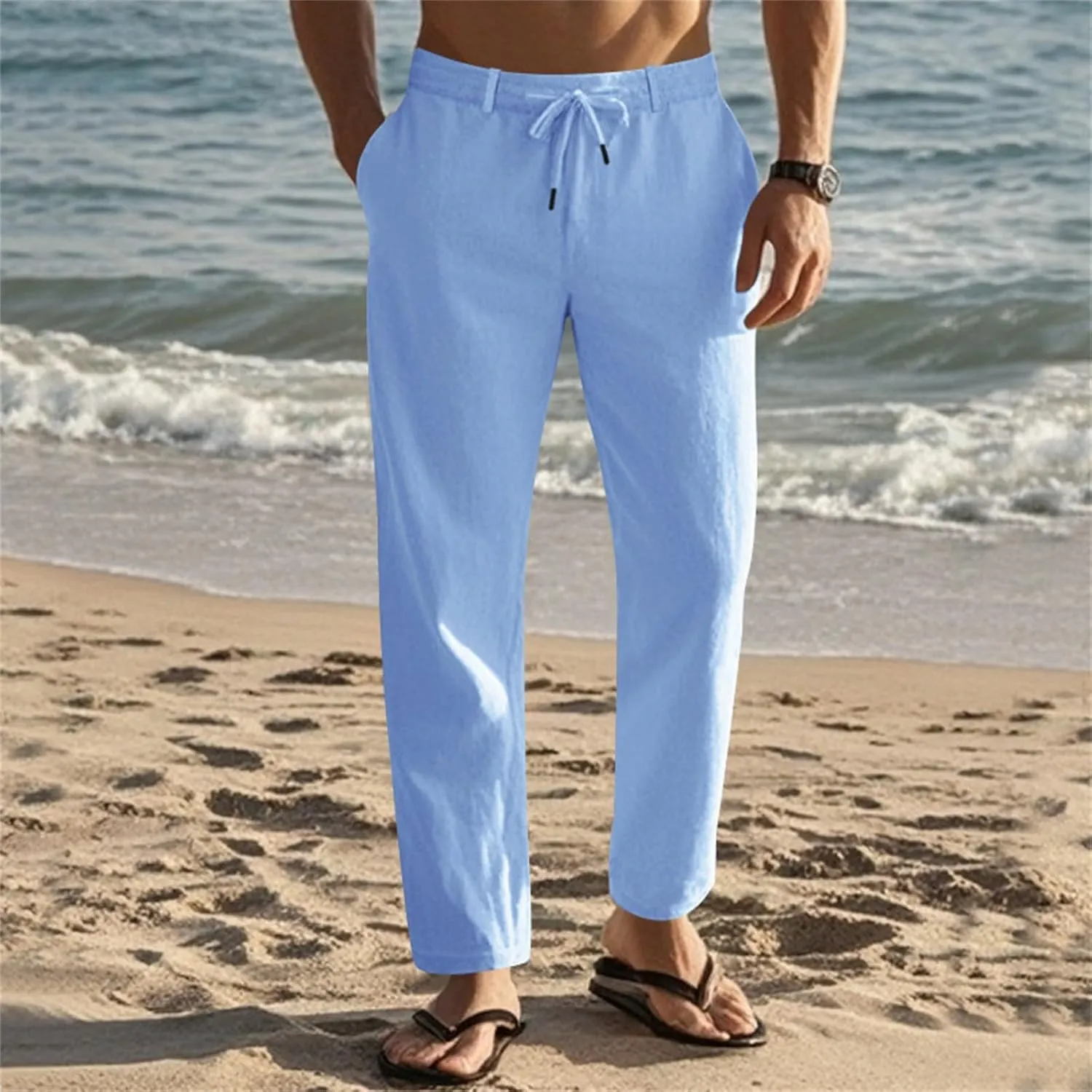 Mens Casual Pants Drawstring Elastic Waist Beach Pants Straight Leg Yoga Pants with Pockets Cropped Sweat Pant Slacks