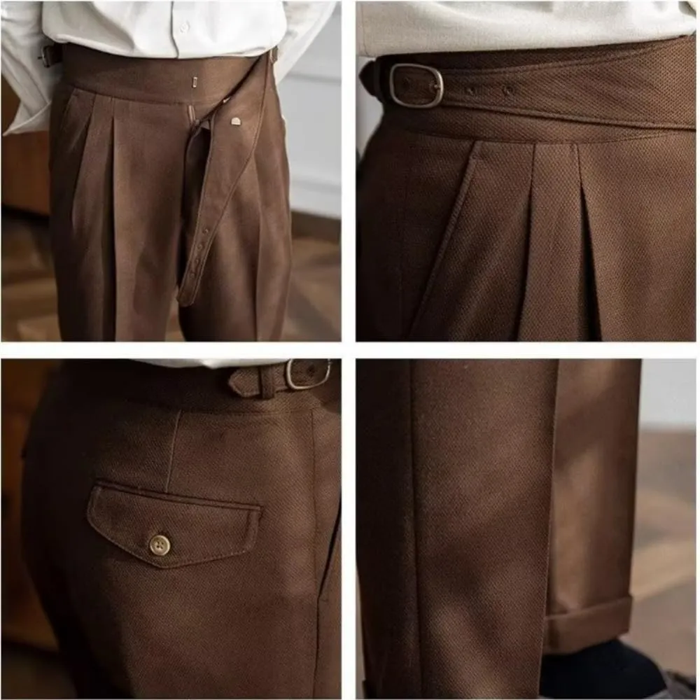 Men's Classic Gurkha Naples Italian Style Dress Pants High Waisted Pleated No Iron Suit Trousers Straight Leg Slacks