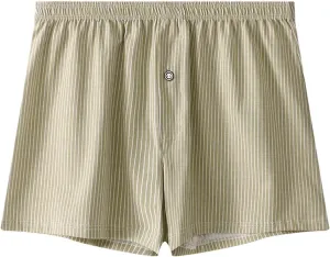 Men's Cotton Striped Underwear Shorts Breathable Sports Boxer Briefs Button Plaid Pajamas Lounge Loose Bottoms Pjs