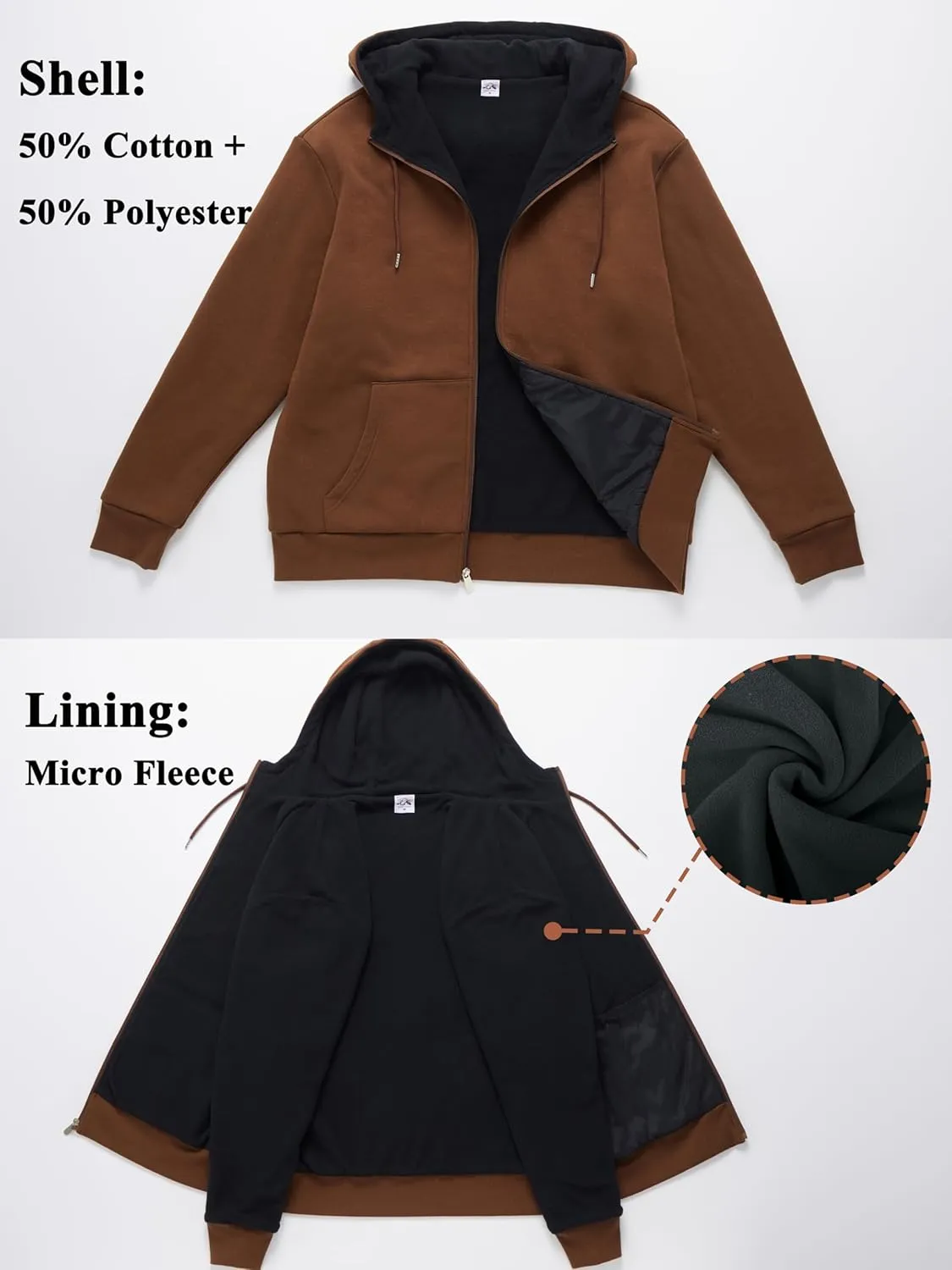 Men's Cotton Sweatshirt Heavyweight Fleece Hoodie Outerwear Warm Lined Coat Pocket Zip Up Jacket