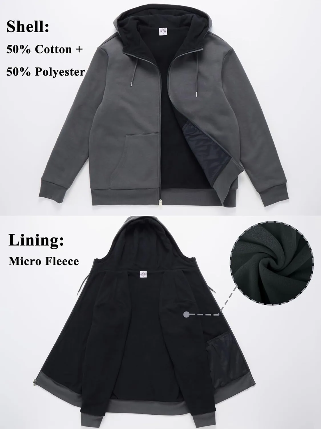 Men's Cotton Sweatshirt Heavyweight Fleece Hoodie Outerwear Warm Lined Coat Pocket Zip Up Jacket