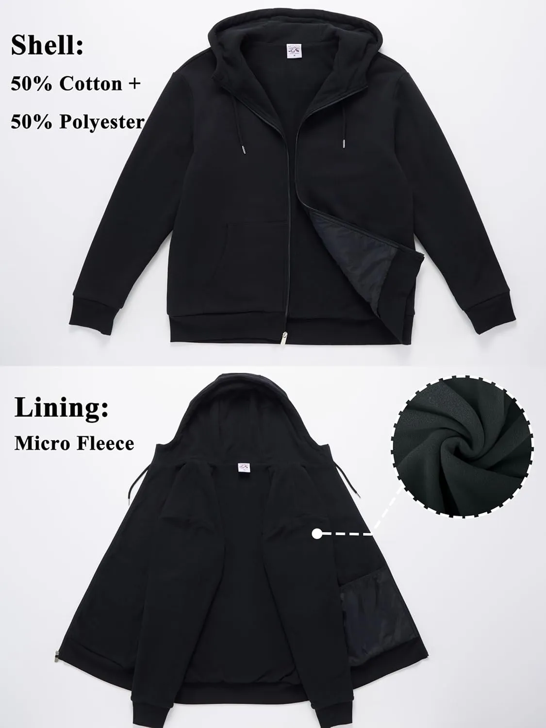 Men's Cotton Sweatshirt Heavyweight Fleece Hoodie Outerwear Warm Lined Coat Pocket Zip Up Jacket